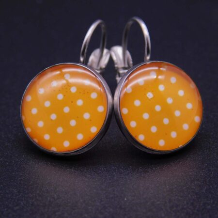 Náušnice klapka s pryskyřicí 14 mm motiv bílých teček na oranžové